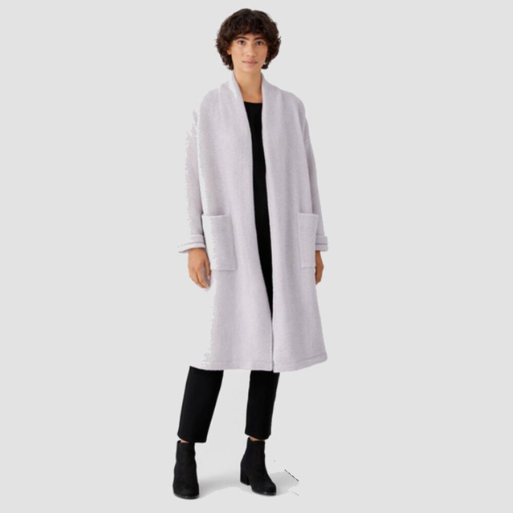 Eileen Fisher Boucle Wool Knit Long Open-Front Coat in Silver/Gray Size XL